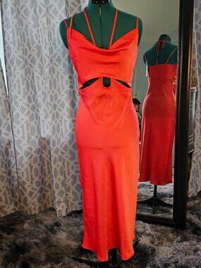 b SYDNEY Los Angeles Strappy Drape‑Neck Cut‑Out Satin Maxi Dress - Size S NWT